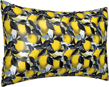 Yellow Lemon Black Leaves Print Satin Pillowcase for Hair and Skin, 20x30 Inches Pillow Cases, Queen Size Pillowcases with Zipper, Similar to Silk Pillow Covers