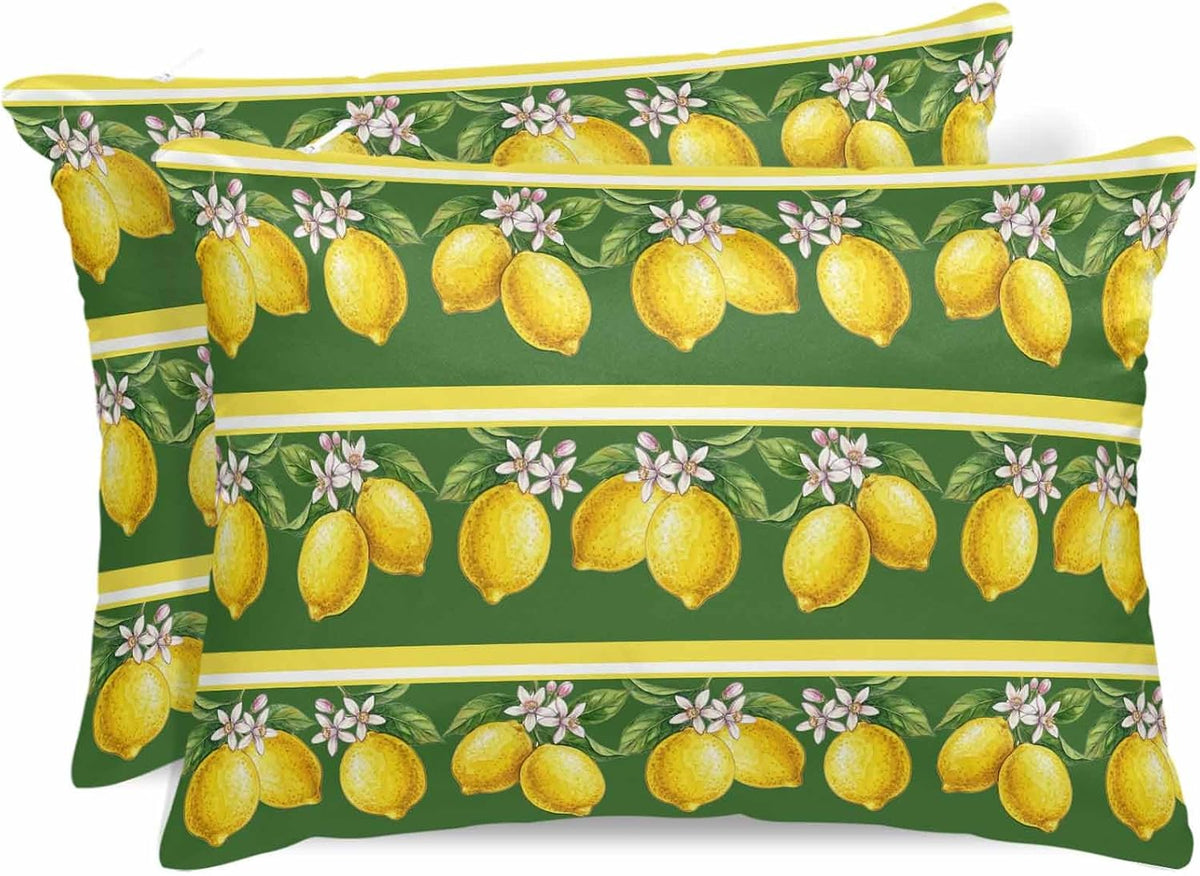 Lemon Summer 2 Packs Bed Pillow Covers Standard Decorative, Throw Pillow Cases Breathable Bedding Pillowcase, Soft Stain Pillows Shams Zipper Closure Watercolor Fruits Green Yellow Stripes 20"x26"