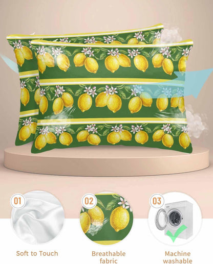 Lemon Summer 2 Packs Bed Pillow Covers Standard Decorative, Throw Pillow Cases Breathable Bedding Pillowcase, Soft Stain Pillows Shams Zipper Closure Watercolor Fruits Green Yellow Stripes 20"x26"