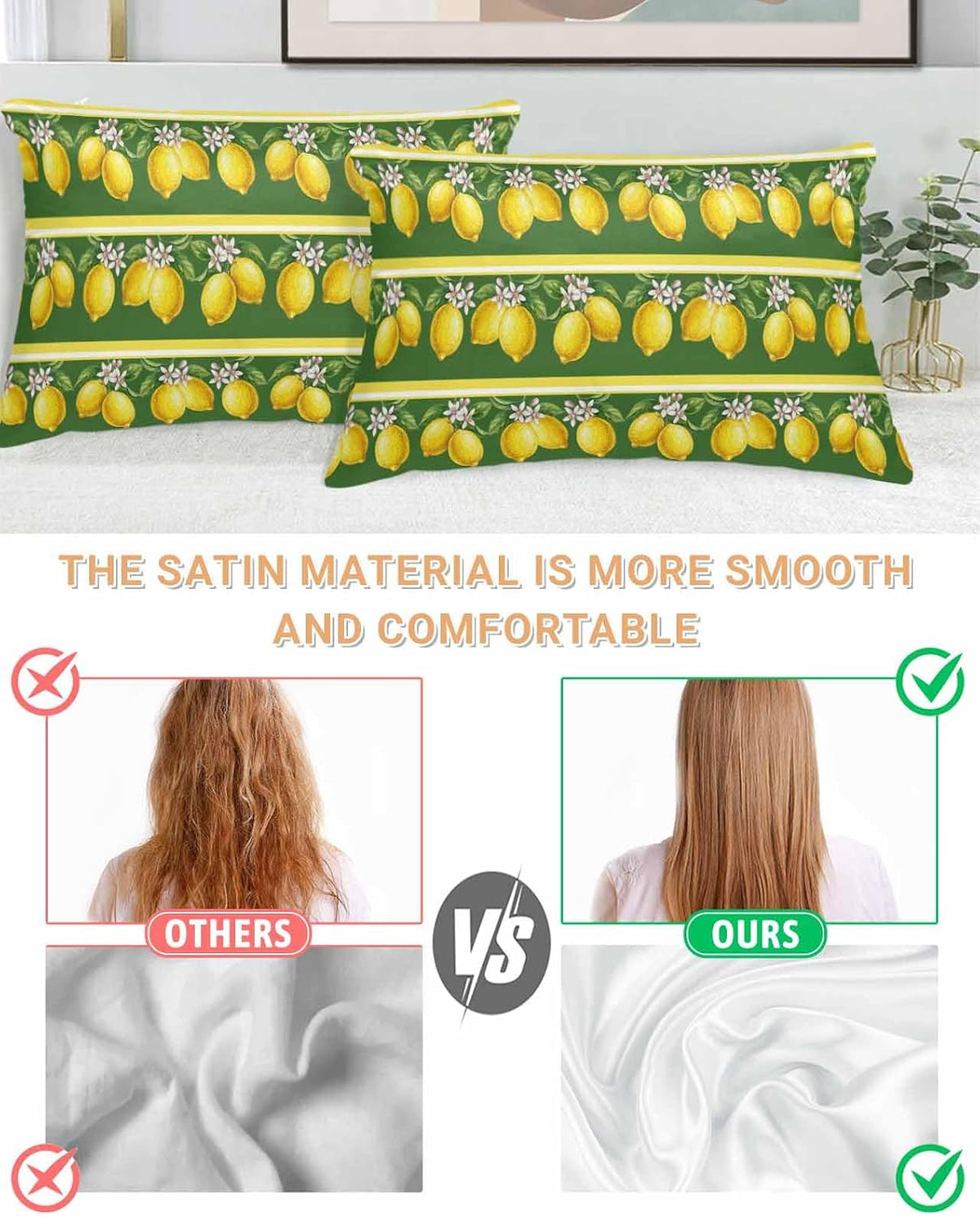 Lemon Summer 2 Packs Bed Pillow Covers Standard Decorative, Throw Pillow Cases Breathable Bedding Pillowcase, Soft Stain Pillows Shams Zipper Closure Watercolor Fruits Green Yellow Stripes 20"x26"