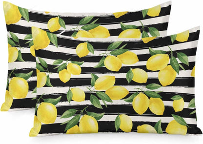 Yellow Lemon Standard Pillowcase Set of 2, Summer Fruit Black Striped Satin Pillow Case Cover with Smooth Hidden Zipper Closure, Soft Throw Pillow Covers Cases for Home Decoration 20 X 26 Inches