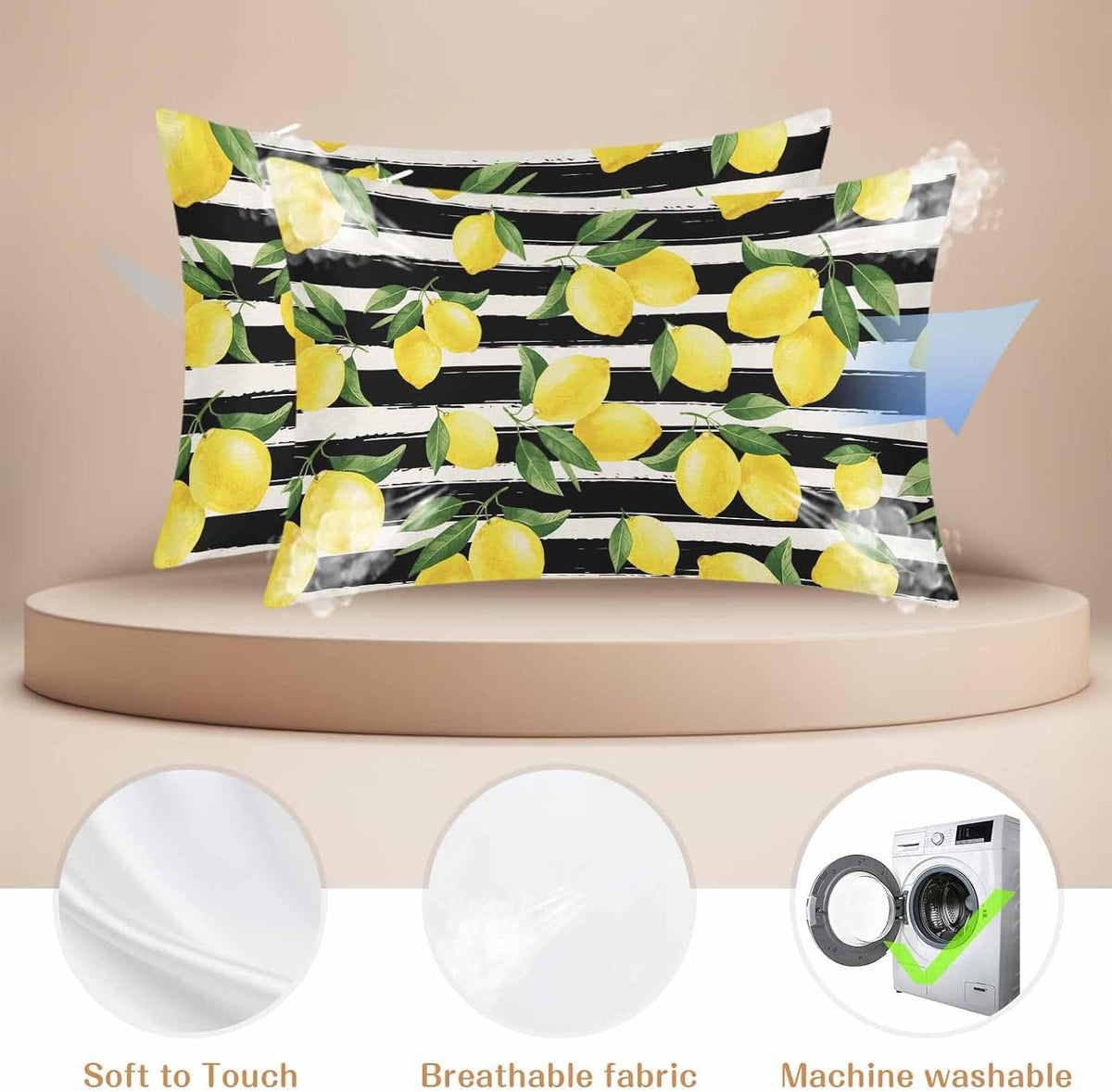 Yellow Lemon Standard Pillowcase Set of 2, Summer Fruit Black Striped Satin Pillow Case Cover with Smooth Hidden Zipper Closure, Soft Throw Pillow Covers Cases for Home Decoration 20 X 26 Inches