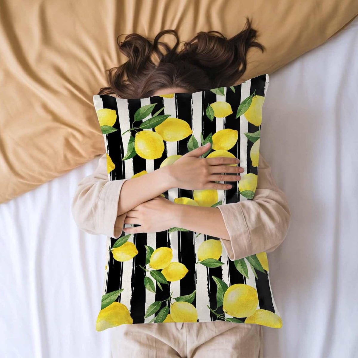 Yellow Lemon Standard Pillowcase Set of 2, Summer Fruit Black Striped Satin Pillow Case Cover with Smooth Hidden Zipper Closure, Soft Throw Pillow Covers Cases for Home Decoration 20 X 26 Inches