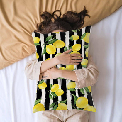 Yellow Lemon Standard Pillowcase Set of 2, Summer Fruit Black Striped Satin Pillow Case Cover with Smooth Hidden Zipper Closure, Soft Throw Pillow Covers Cases for Home Decoration 20 X 26 Inches