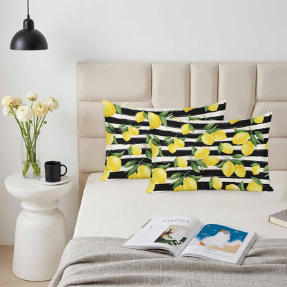 Yellow Lemon Standard Pillowcase Set of 2, Summer Fruit Black Striped Satin Pillow Case Cover with Smooth Hidden Zipper Closure, Soft Throw Pillow Covers Cases for Home Decoration 20 X 26 Inches