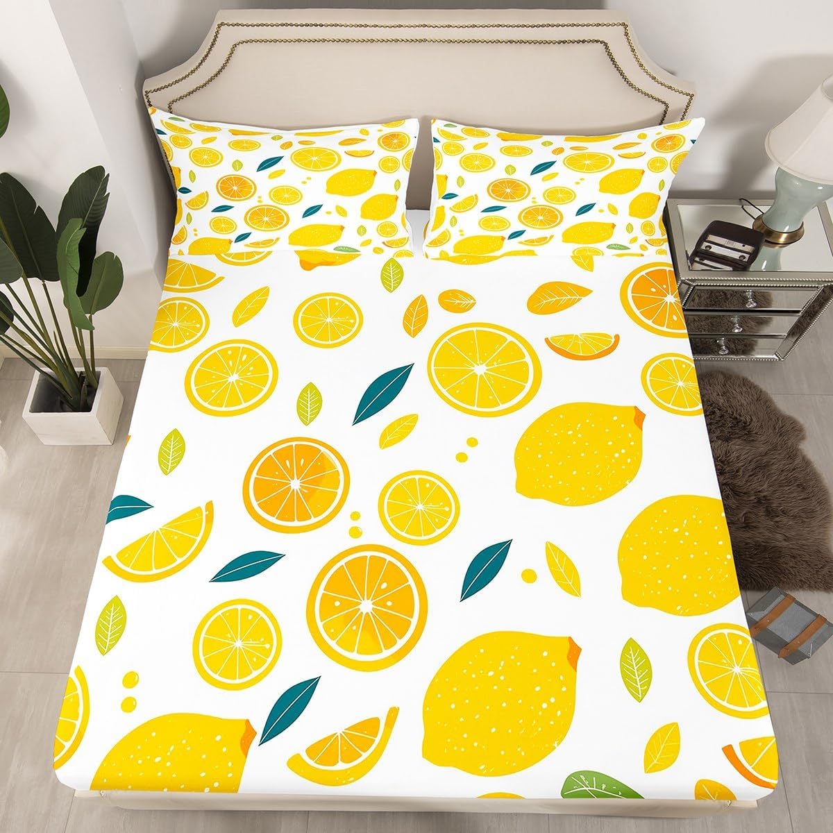 Cute Lemon Kids Bed Sheets Set,Boys Girls Twin Size,Fun Vegetable Fitted Sheet,Cartoon Farmhouse Lifestyle Design Ultra Soft Bedding Set,Yellow Large Lemon Bed Cover Bedroom Decor