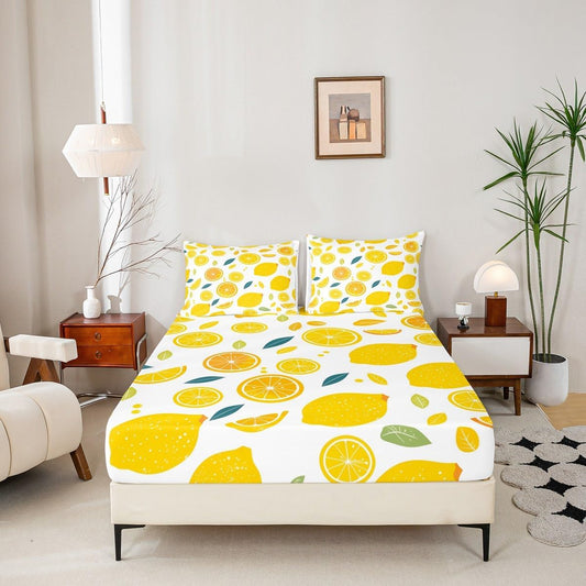 Cute Lemon Kids Bed Sheets Set,Boys Girls Twin Size,Fun Vegetable Fitted Sheet,Cartoon Farmhouse Lifestyle Design Ultra Soft Bedding Set,Yellow Large Lemon Bed Cover Bedroom Decor