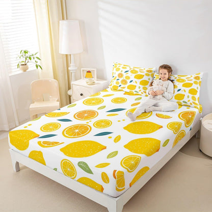Cute Lemon Kids Bed Sheets Set,Boys Girls Twin Size,Fun Vegetable Fitted Sheet,Cartoon Farmhouse Lifestyle Design Ultra Soft Bedding Set,Yellow Large Lemon Bed Cover Bedroom Decor