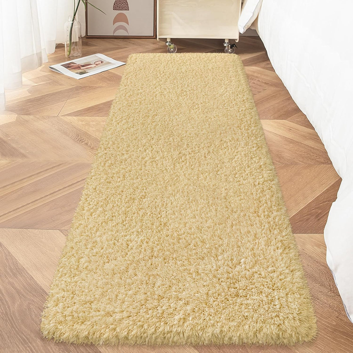 Soft Runner Rugs for Bedroom Shag Runner 2x6 Ft, Light Yellow
