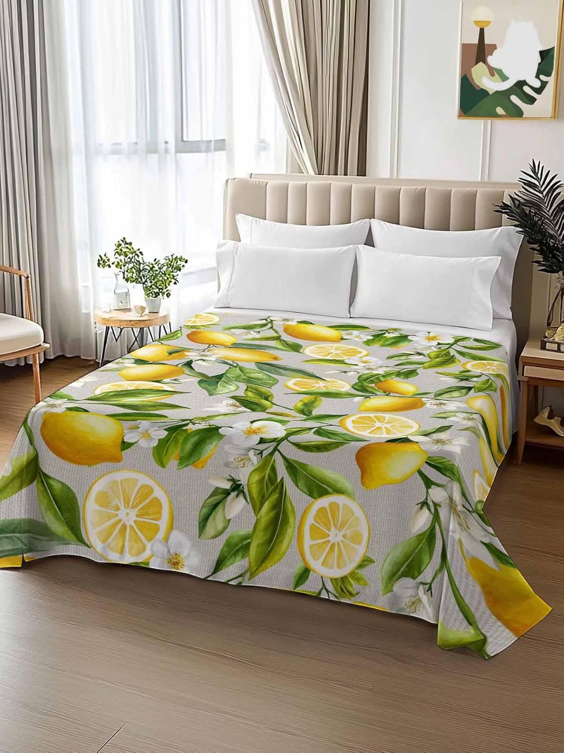 Twin Flat Sheet Only,Summer Lemon Flower Leaf Top Sheet Breathable Soft Brushed Polyester Microfiber Bed Sheets,Country Yellow Fruit Floral Plant Hotel Luxury Bedding Sheets for Women,Men,Teens