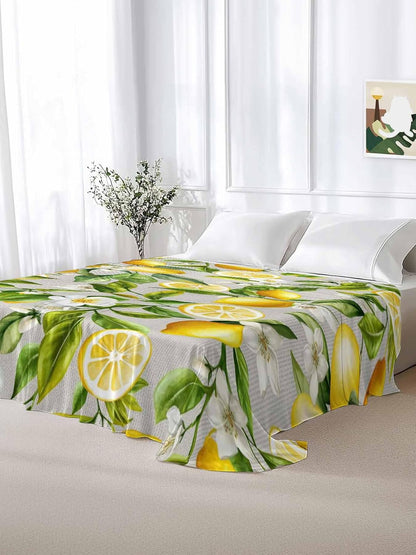 Twin Flat Sheet Only,Summer Lemon Flower Leaf Top Sheet Breathable Soft Brushed Polyester Microfiber Bed Sheets,Country Yellow Fruit Floral Plant Hotel Luxury Bedding Sheets for Women,Men,Teens