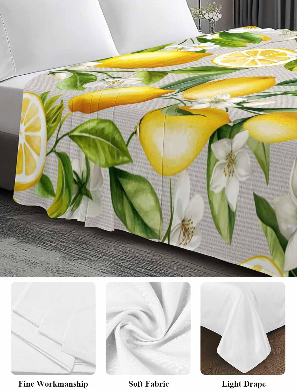 Twin Flat Sheet Only,Summer Lemon Flower Leaf Top Sheet Breathable Soft Brushed Polyester Microfiber Bed Sheets,Country Yellow Fruit Floral Plant Hotel Luxury Bedding Sheets for Women,Men,Teens