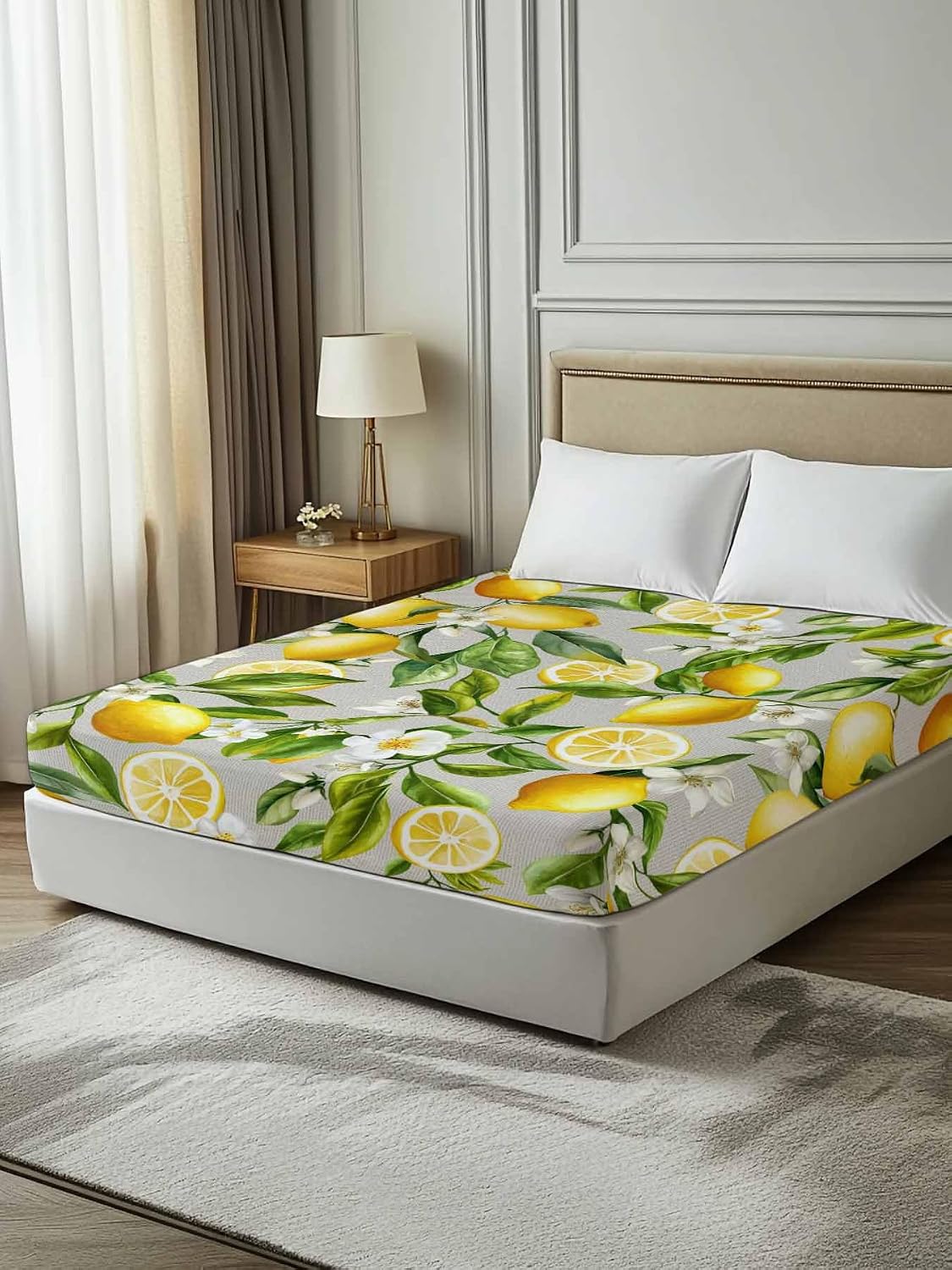 Twin Flat Sheet Only,Summer Lemon Flower Leaf Top Sheet Breathable Soft Brushed Polyester Microfiber Bed Sheets,Country Yellow Fruit Floral Plant Hotel Luxury Bedding Sheets for Women,Men,Teens