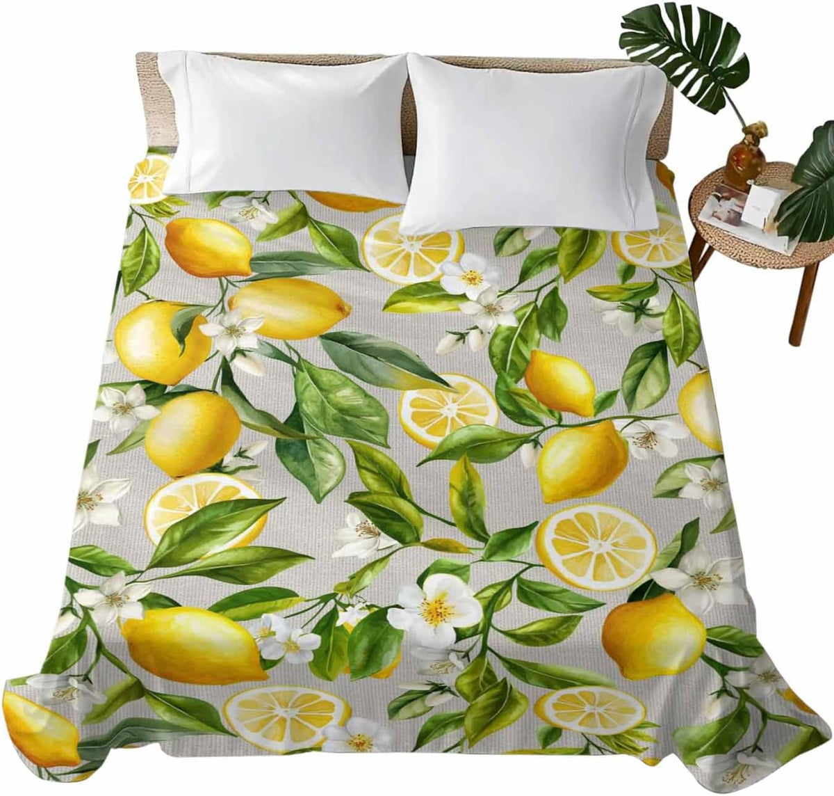 Twin Flat Sheet Only,Summer Lemon Flower Leaf Top Sheet Breathable Soft Brushed Polyester Microfiber Bed Sheets,Country Yellow Fruit Floral Plant Hotel Luxury Bedding Sheets for Women,Men,Teens