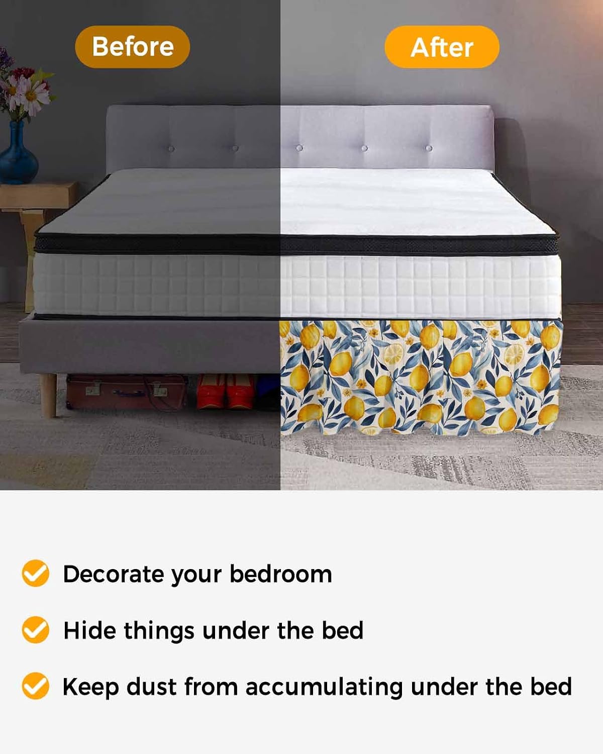 Lemon Bed Skirt Queen Size 16 Inch Drop, Adjustable Elastic Wrap Around Bed Skirts Easy Fitting Dust Ruffle Bedskirt Bed Frame Cover Plant Branch Yellow Blue Retro Spring Summer