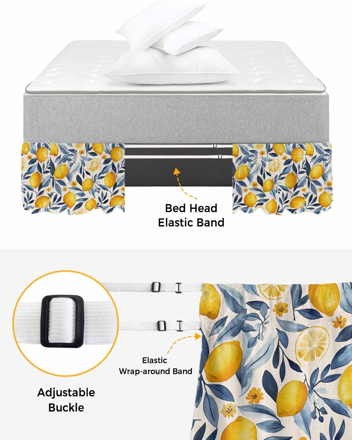 Lemon Bed Skirt Queen Size 16 Inch Drop, Adjustable Elastic Wrap Around Bed Skirts Easy Fitting Dust Ruffle Bedskirt Bed Frame Cover Plant Branch Yellow Blue Retro Spring Summer