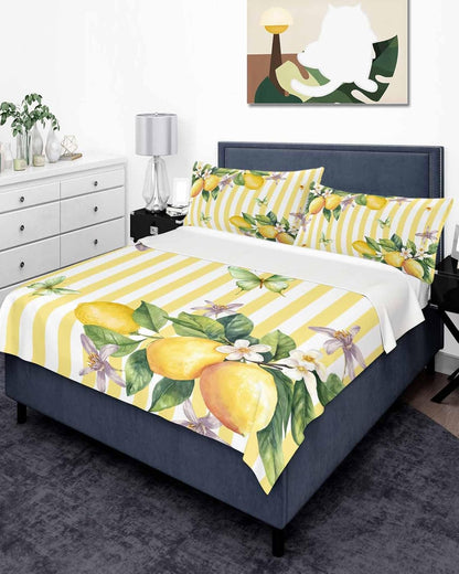 Queen Size Top Sheet Only, Farm Purple White Floral Lemon Flat Sheet Microfiber Breathable Soft Bed Sheets, Butterfly on Yellow Stripe Hotel Bedding Flat Sheets for Bedroom