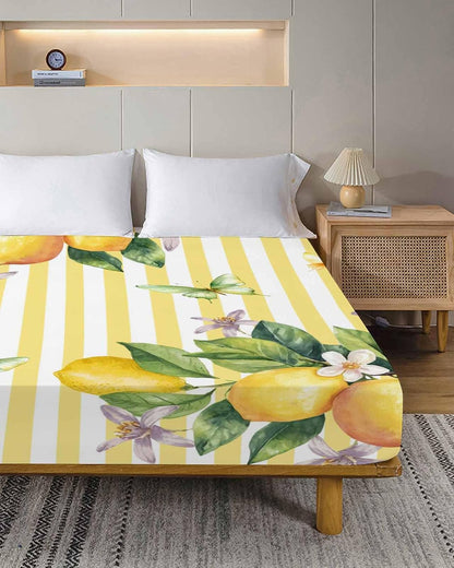 Queen Size Top Sheet Only, Farm Purple White Floral Lemon Flat Sheet Microfiber Breathable Soft Bed Sheets, Butterfly on Yellow Stripe Hotel Bedding Flat Sheets for Bedroom