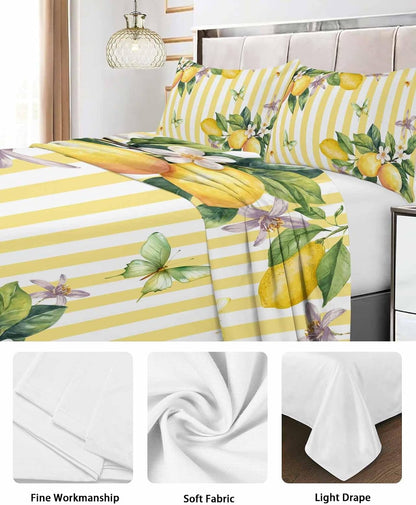 Queen Size Top Sheet Only, Farm Purple White Floral Lemon Flat Sheet Microfiber Breathable Soft Bed Sheets, Butterfly on Yellow Stripe Hotel Bedding Flat Sheets for Bedroom