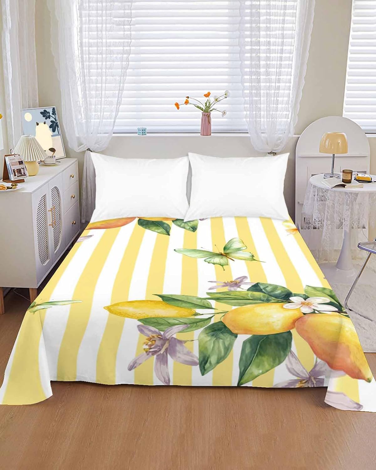 Queen Size Top Sheet Only, Farm Purple White Floral Lemon Flat Sheet Microfiber Breathable Soft Bed Sheets, Butterfly on Yellow Stripe Hotel Bedding Flat Sheets for Bedroom