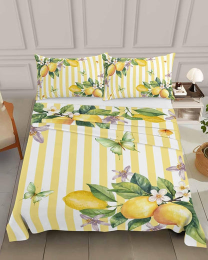 Queen Size Top Sheet Only, Farm Purple White Floral Lemon Flat Sheet Microfiber Breathable Soft Bed Sheets, Butterfly on Yellow Stripe Hotel Bedding Flat Sheets for Bedroom