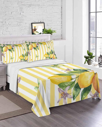 Queen Size Top Sheet Only, Farm Purple White Floral Lemon Flat Sheet Microfiber Breathable Soft Bed Sheets, Butterfly on Yellow Stripe Hotel Bedding Flat Sheets for Bedroom