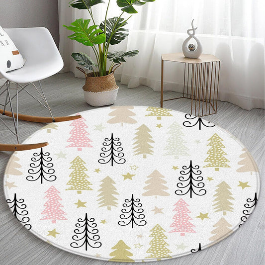 Merry Christmas Round Area Rug Christmas Tree Star Pink Yellow Cartoon New Year Winter Holiday for Entryway Living Room Bedroom Home Decor 3ft