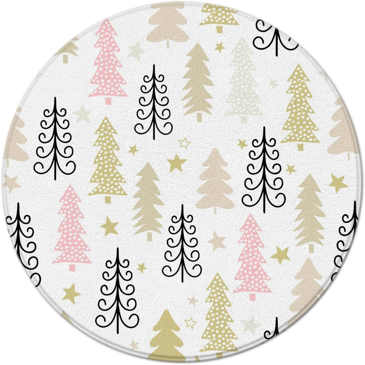 Merry Christmas Round Area Rug Christmas Tree Star Pink Yellow Cartoon New Year Winter Holiday for Entryway Living Room Bedroom Home Decor 3ft