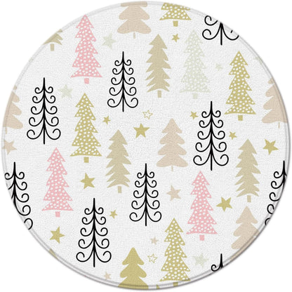 Merry Christmas Round Area Rug Christmas Tree Star Pink Yellow Cartoon New Year Winter Holiday for Entryway Living Room Bedroom Home Decor 3ft