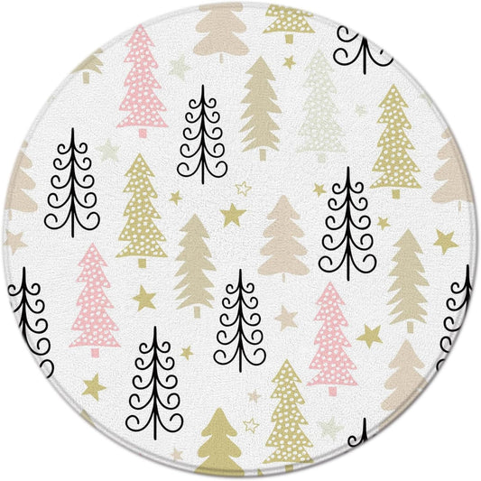 Merry Christmas Round Area Rug Christmas Tree Star Pink Yellow Cartoon New Year Winter Holiday for Entryway Living Room Bedroom Home Decor 3ft