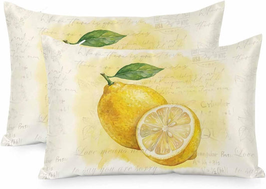 Vintage Fruit Queen Pillow Cases Set of 2, Summer Yellow Lemon Beige Satin Pillow Case Cover with Smooth Hidden Zipper Closure, Soft Throw Pillow Covers Cases for Home Decor 20X30 Inch