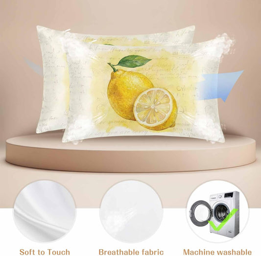 Vintage Fruit Queen Pillow Cases Set of 2, Summer Yellow Lemon Beige Satin Pillow Case Cover with Smooth Hidden Zipper Closure, Soft Throw Pillow Covers Cases for Home Decor 20X30 Inch