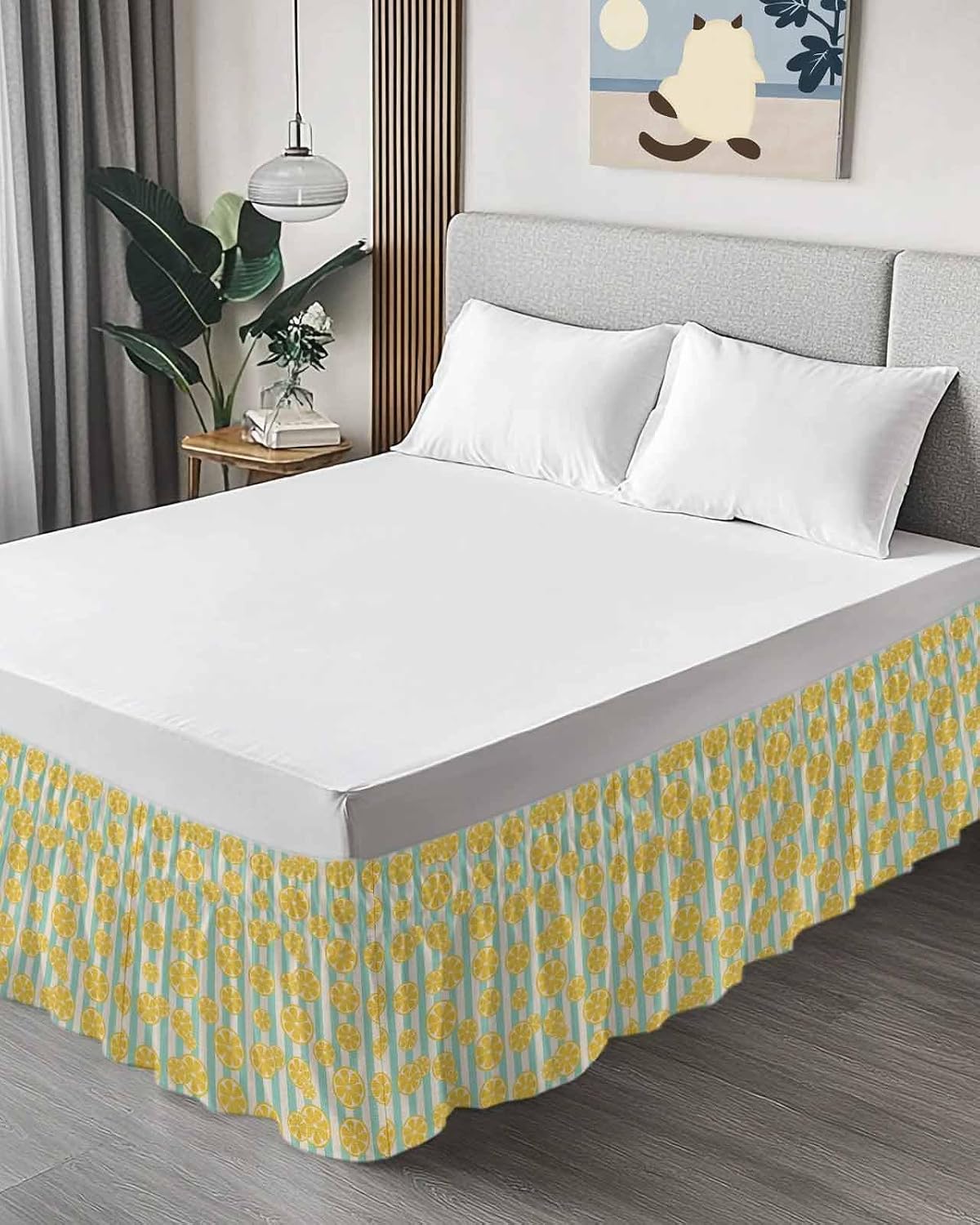 Striped Bed Skirt Queen Size 16" Drop Yellow Lemon Teal Stripes Linen Background Ruffled Wrap Around Bed Skirts Adjustable Elastic Bedskirt Dust Ruffle for Queen King California King Bed
