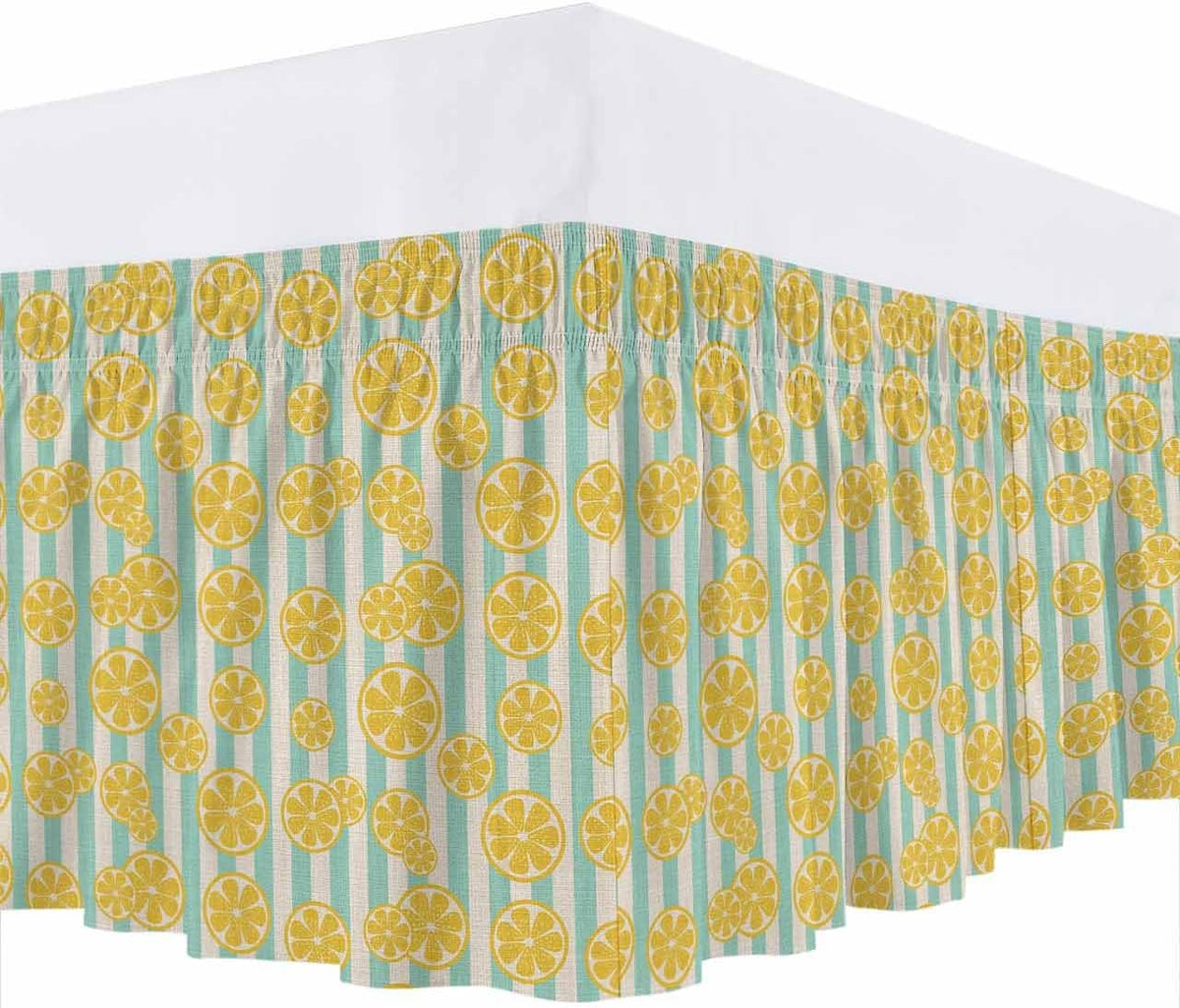 Striped Bed Skirt Queen Size 16" Drop Yellow Lemon Teal Stripes Linen Background Ruffled Wrap Around Bed Skirts Adjustable Elastic Bedskirt Dust Ruffle for Queen King California King Bed