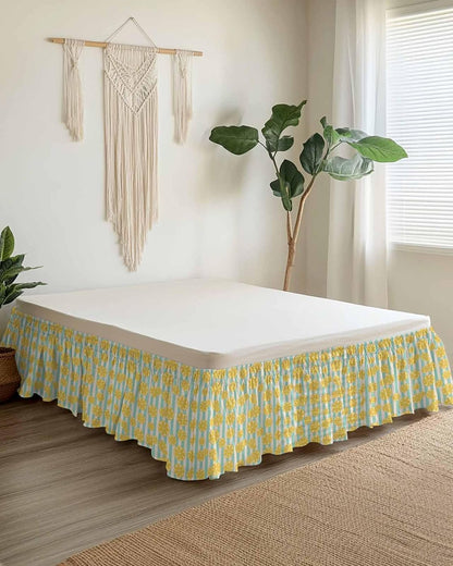 Striped Bed Skirt Queen Size 16" Drop Yellow Lemon Teal Stripes Linen Background Ruffled Wrap Around Bed Skirts Adjustable Elastic Bedskirt Dust Ruffle for Queen King California King Bed
