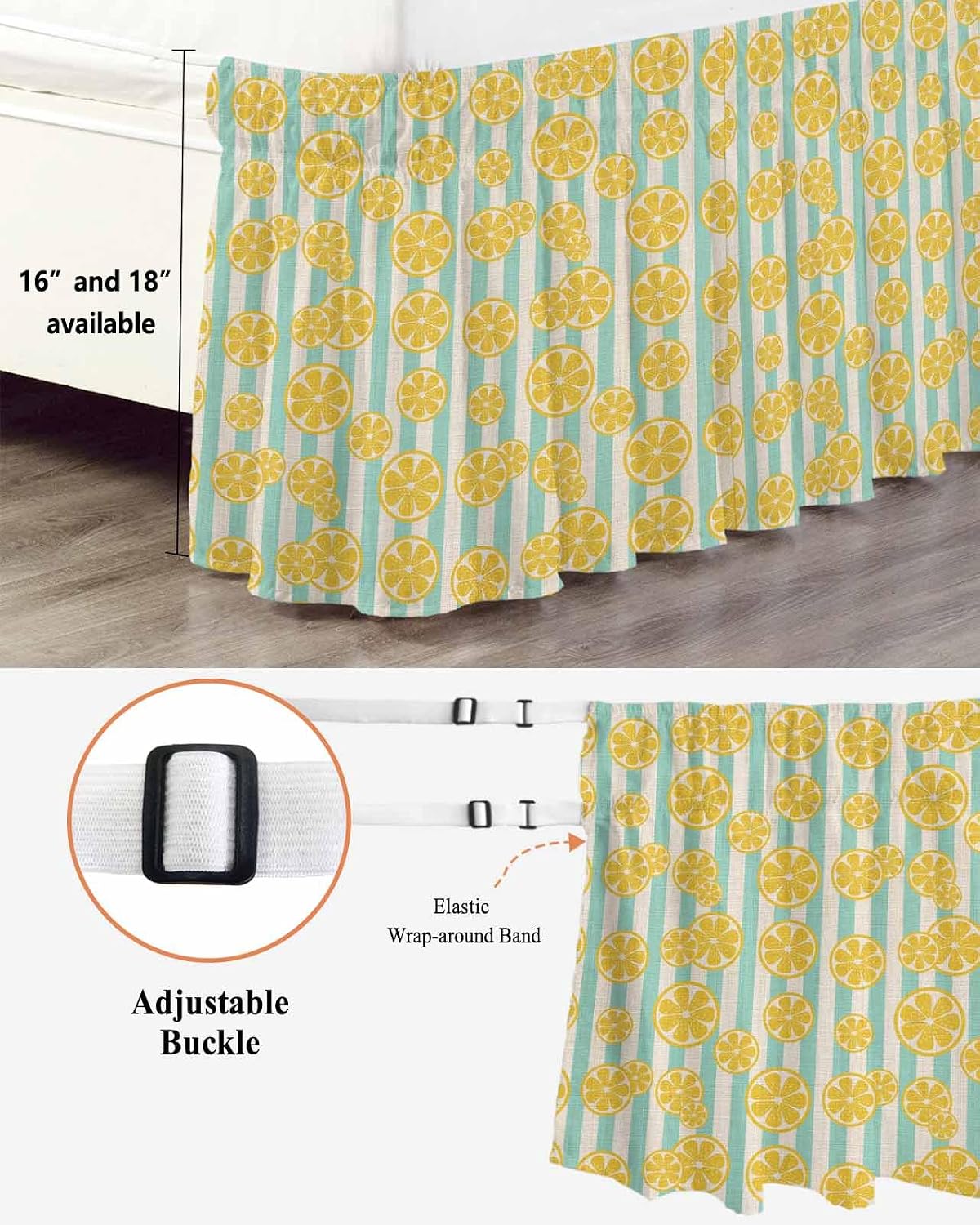 Striped Bed Skirt Queen Size 16" Drop Yellow Lemon Teal Stripes Linen Background Ruffled Wrap Around Bed Skirts Adjustable Elastic Bedskirt Dust Ruffle for Queen King California King Bed