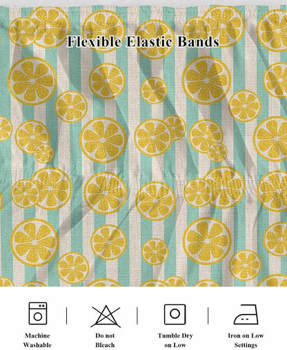 Striped Bed Skirt Queen Size 16" Drop Yellow Lemon Teal Stripes Linen Background Ruffled Wrap Around Bed Skirts Adjustable Elastic Bedskirt Dust Ruffle for Queen King California King Bed