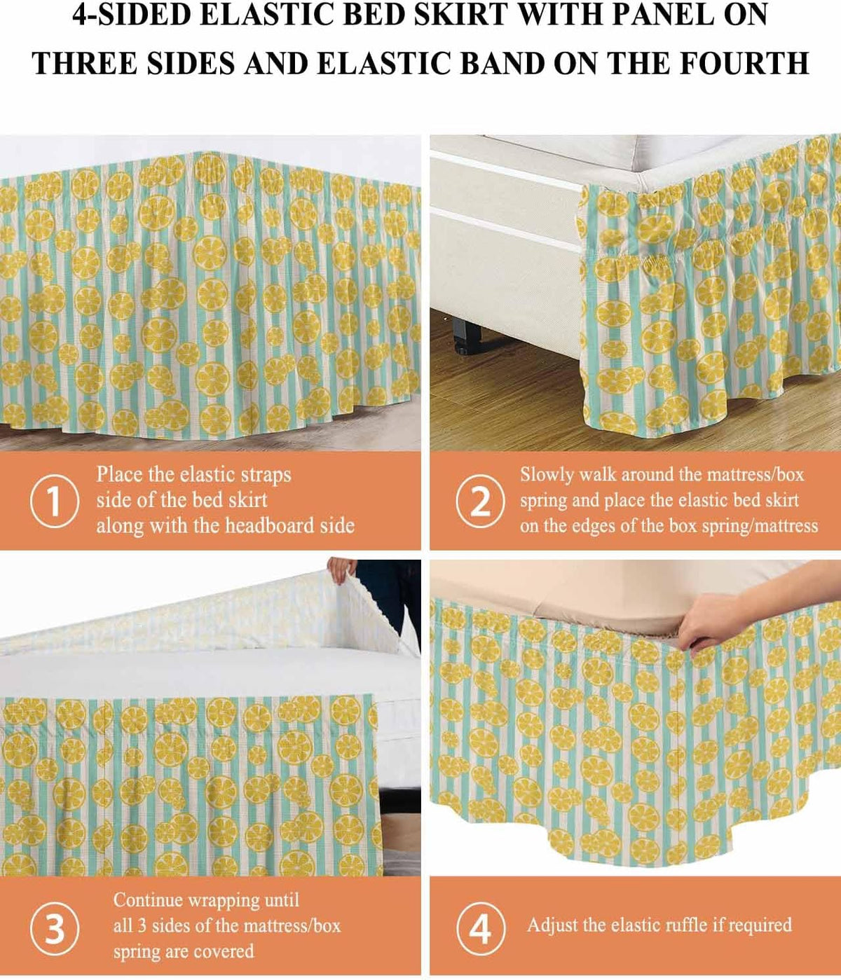 Striped Bed Skirt Queen Size 16" Drop Yellow Lemon Teal Stripes Linen Background Ruffled Wrap Around Bed Skirts Adjustable Elastic Bedskirt Dust Ruffle for Queen King California King Bed