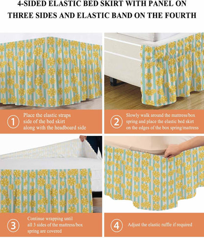 Striped Bed Skirt Queen Size 16" Drop Yellow Lemon Teal Stripes Linen Background Ruffled Wrap Around Bed Skirts Adjustable Elastic Bedskirt Dust Ruffle for Queen King California King Bed