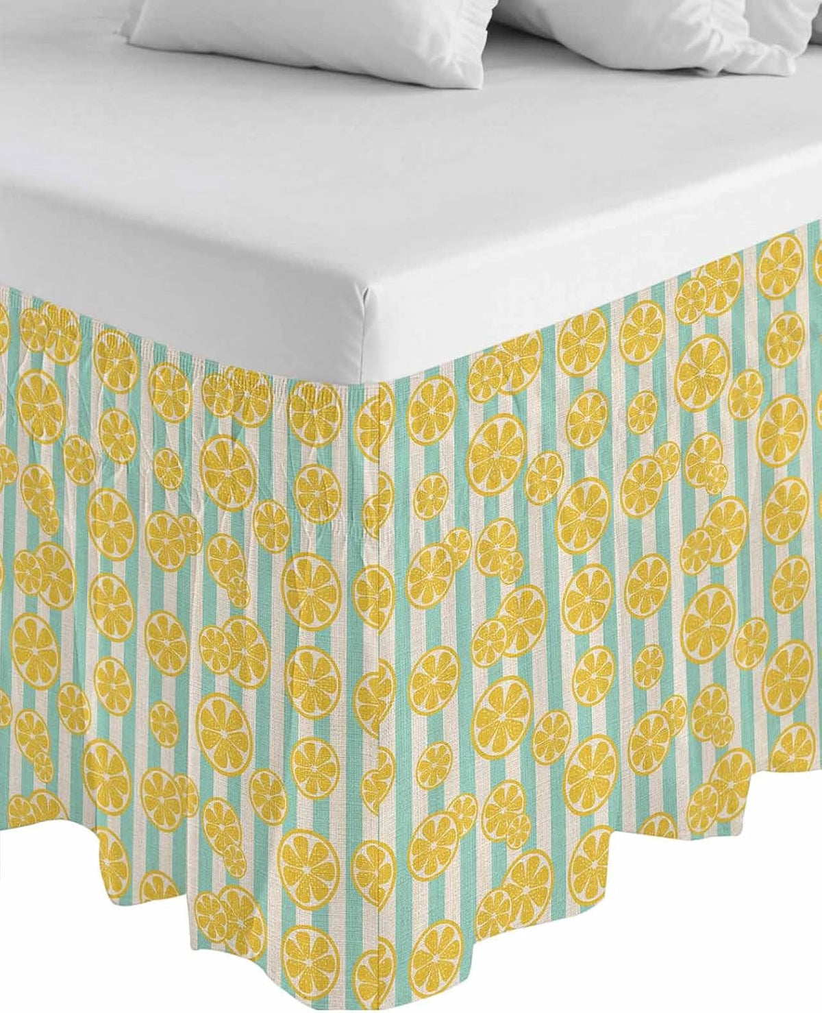Striped Bed Skirt Queen Size 16" Drop Yellow Lemon Teal Stripes Linen Background Ruffled Wrap Around Bed Skirts Adjustable Elastic Bedskirt Dust Ruffle for Queen King California King Bed