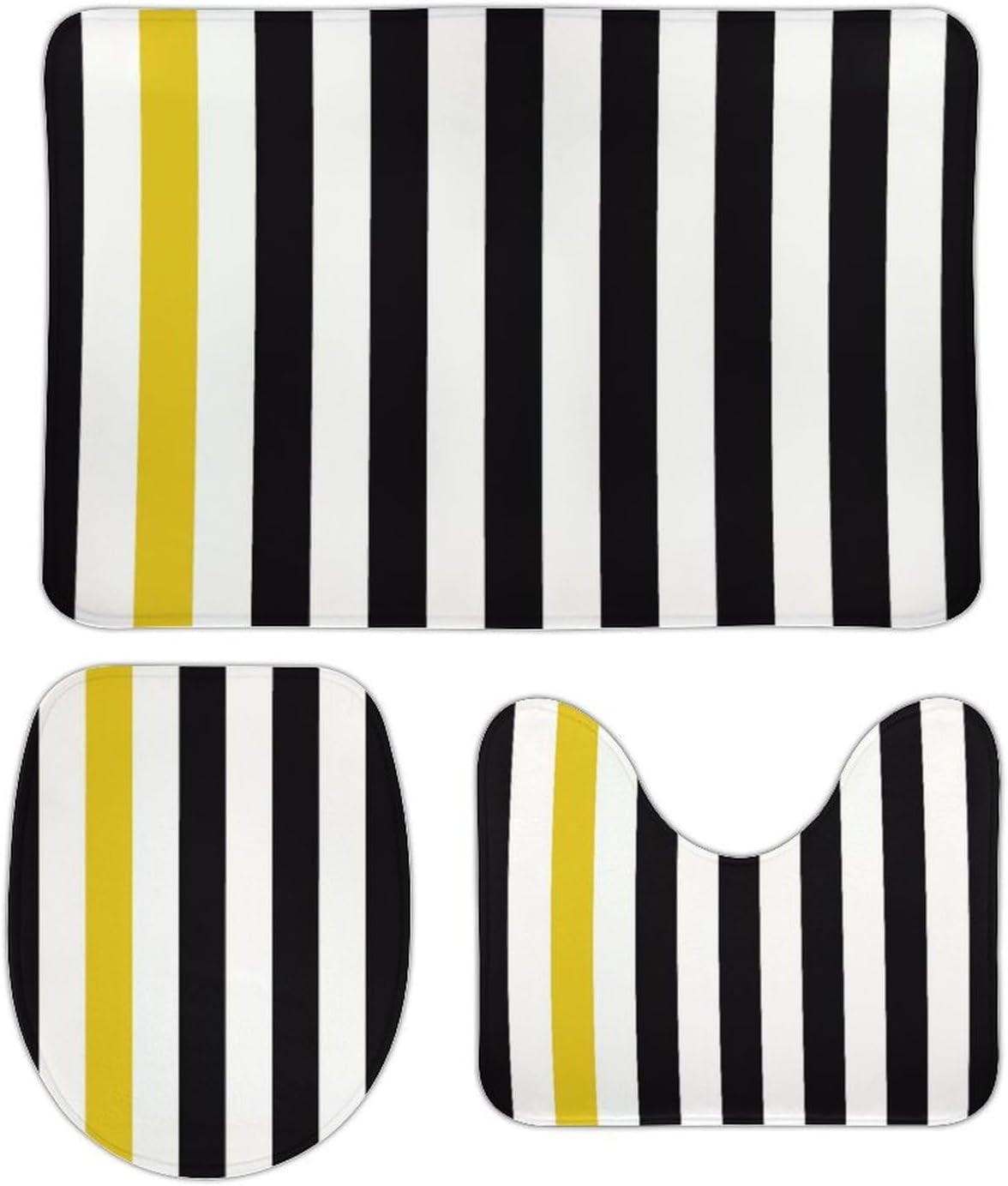 3 Pieces Bath Rug Set, Black White & Yellow Stripe Bathroom Mat Set Non Slip & Absorbent Bath Carpet, U Shaped Contour Rug & Toilet Lid Cover