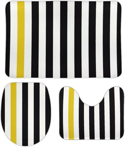 3 Pieces Bath Rug Set, Black White & Yellow Stripe Bathroom Mat Set Non Slip & Absorbent Bath Carpet, U Shaped Contour Rug & Toilet Lid Cover
