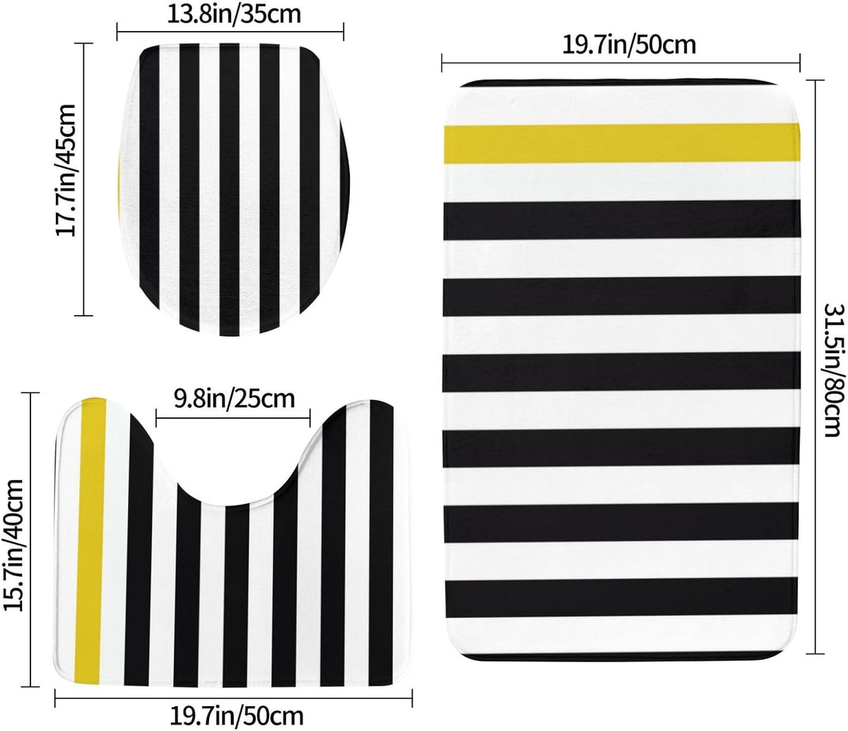 3 Pieces Bath Rug Set, Black White & Yellow Stripe Bathroom Mat Set Non Slip & Absorbent Bath Carpet, U Shaped Contour Rug & Toilet Lid Cover