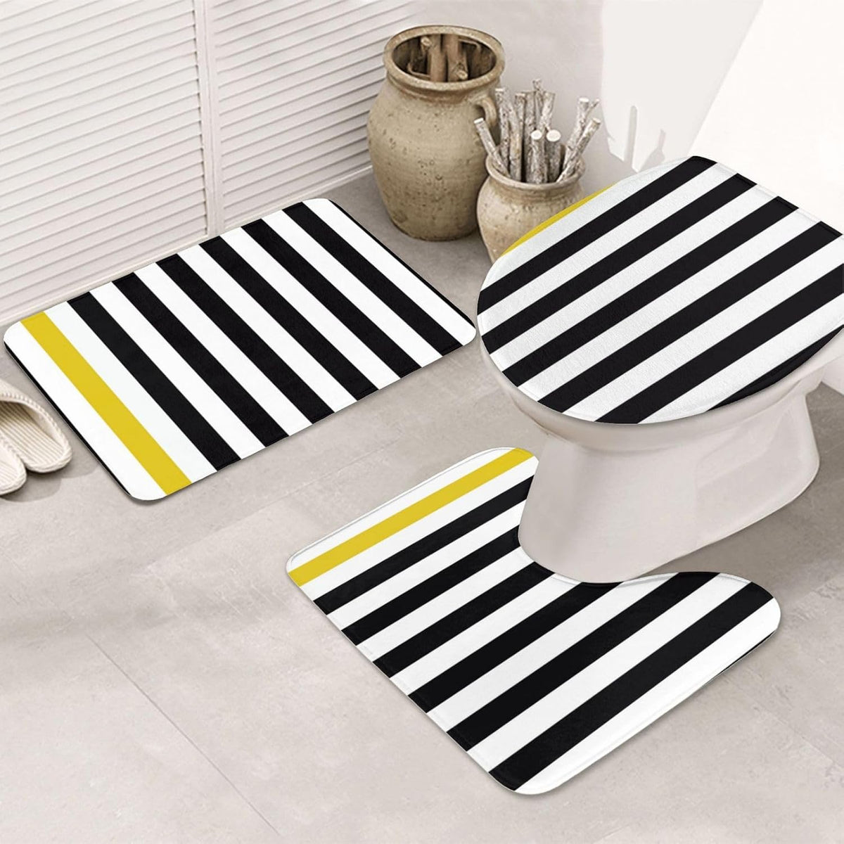 3 Pieces Bath Rug Set, Black White & Yellow Stripe Bathroom Mat Set Non Slip & Absorbent Bath Carpet, U Shaped Contour Rug & Toilet Lid Cover