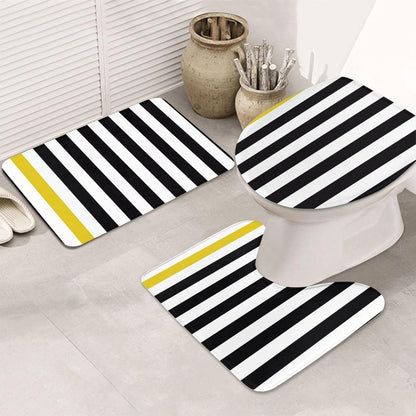 3 Pieces Bath Rug Set, Black White & Yellow Stripe Bathroom Mat Set Non Slip & Absorbent Bath Carpet, U Shaped Contour Rug & Toilet Lid Cover