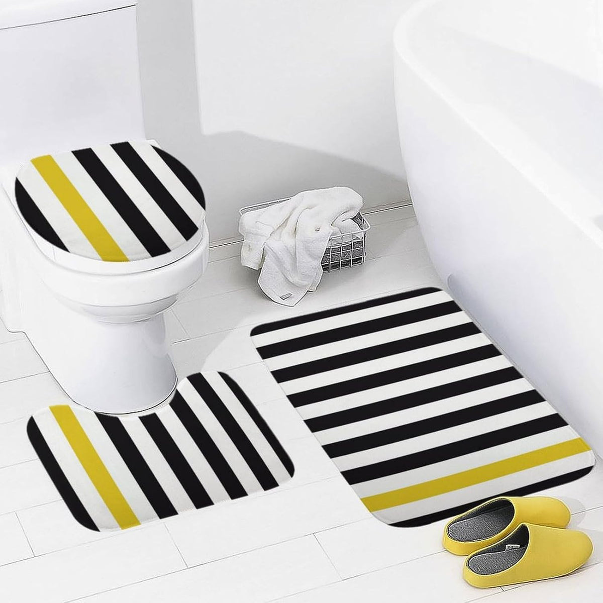 3 Pieces Bath Rug Set, Black White & Yellow Stripe Bathroom Mat Set Non Slip & Absorbent Bath Carpet, U Shaped Contour Rug & Toilet Lid Cover