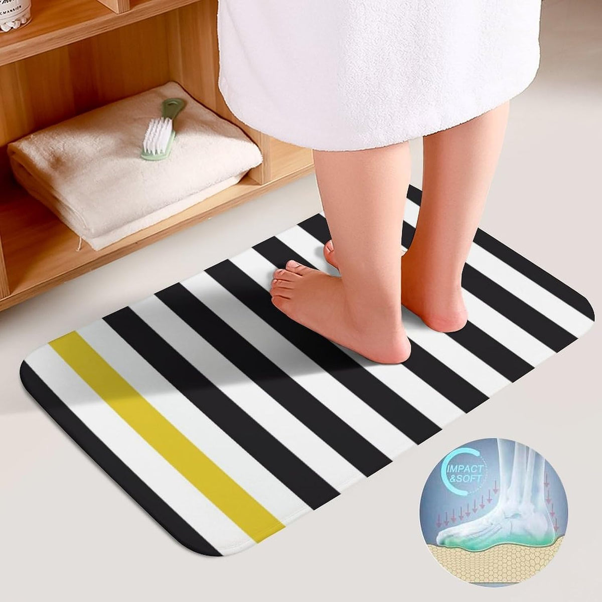 3 Pieces Bath Rug Set, Black White & Yellow Stripe Bathroom Mat Set Non Slip & Absorbent Bath Carpet, U Shaped Contour Rug & Toilet Lid Cover
