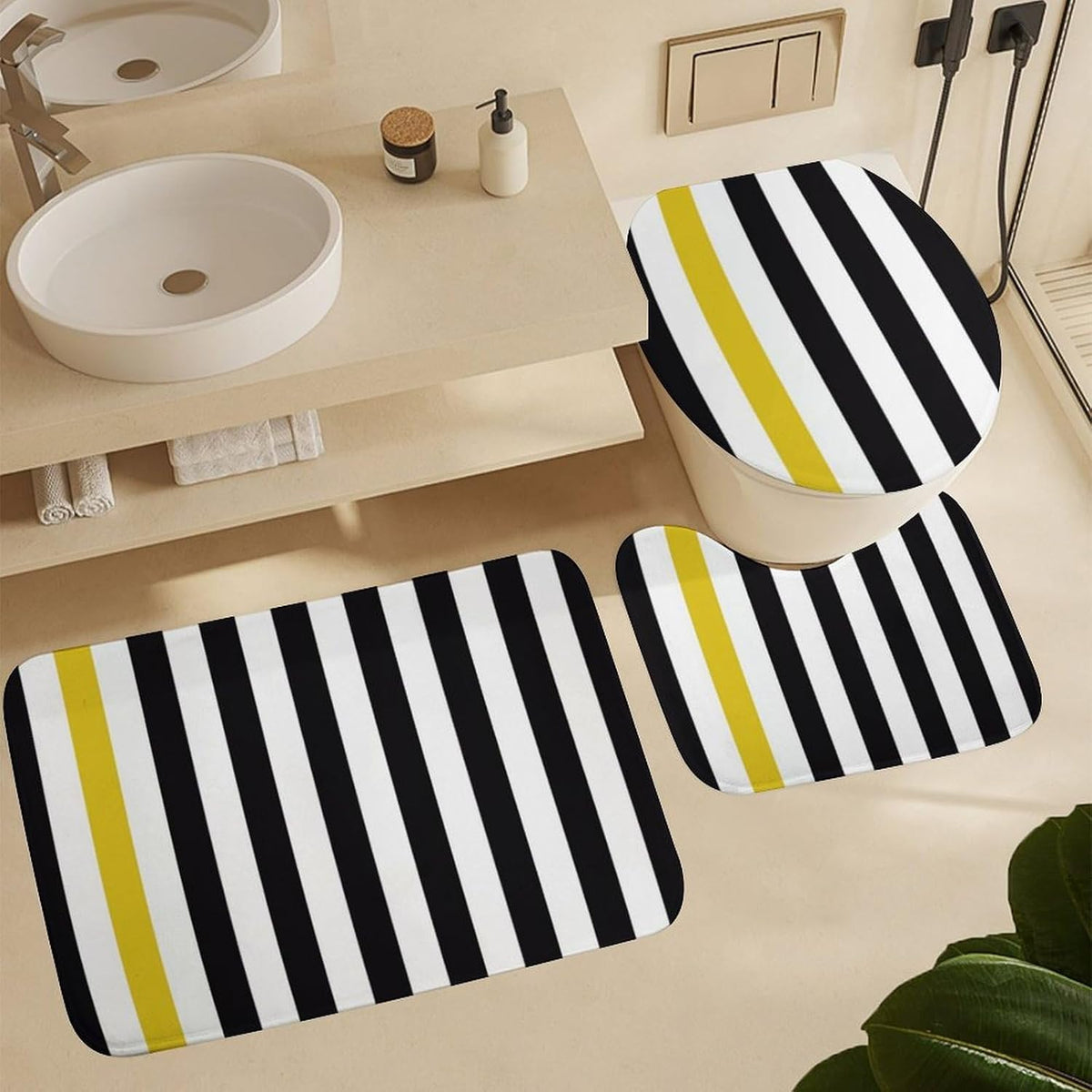 3 Pieces Bath Rug Set, Black White & Yellow Stripe Bathroom Mat Set Non Slip & Absorbent Bath Carpet, U Shaped Contour Rug & Toilet Lid Cover