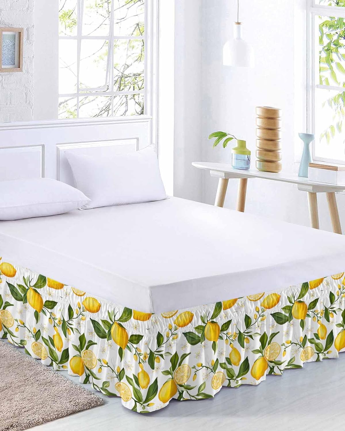 Yellow Lemon Bed Skirt Queen Size 16 Inch Drop, Adjustable Elastic Wrap Around Bed Skirts Easy Fitting Dust Ruffle Bedskirt Bed Frame Cover White Flowers Elegant Country Plants