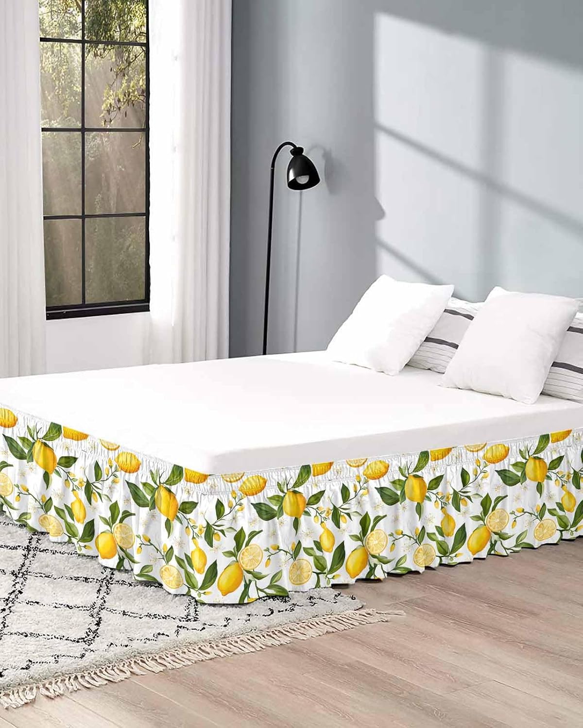 Yellow Lemon Bed Skirt Queen Size 16 Inch Drop, Adjustable Elastic Wrap Around Bed Skirts Easy Fitting Dust Ruffle Bedskirt Bed Frame Cover White Flowers Elegant Country Plants